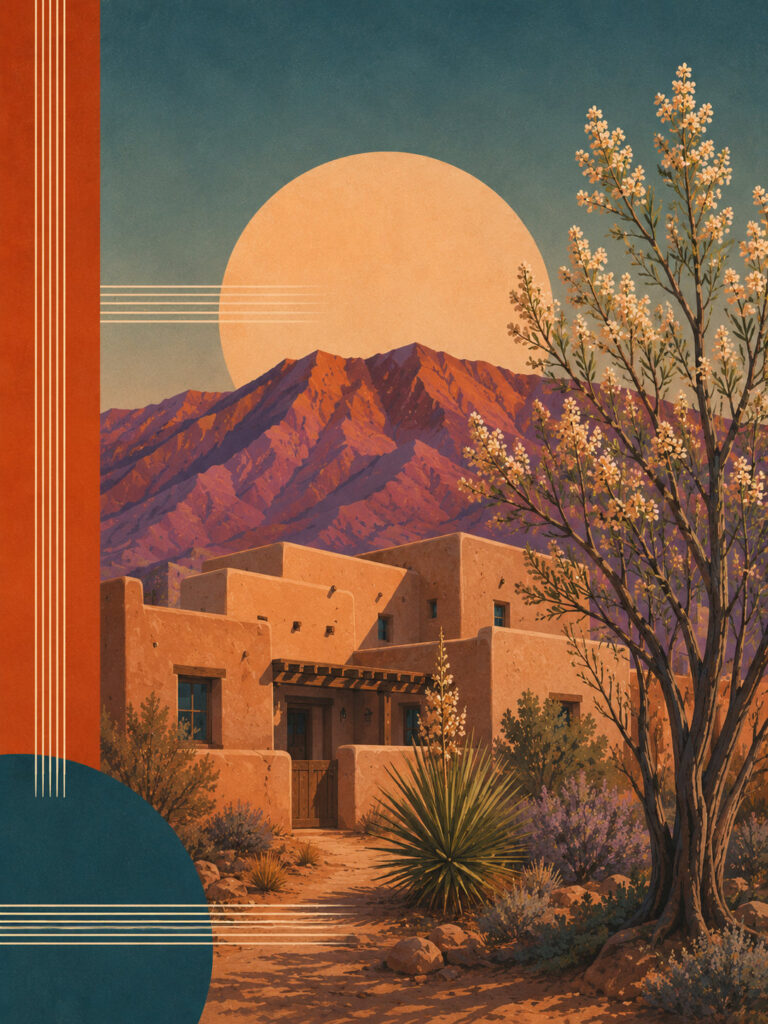 Mid-century style poster of an adobe house and a blooming desert willow beneath a full moon and the Sandia Mountains