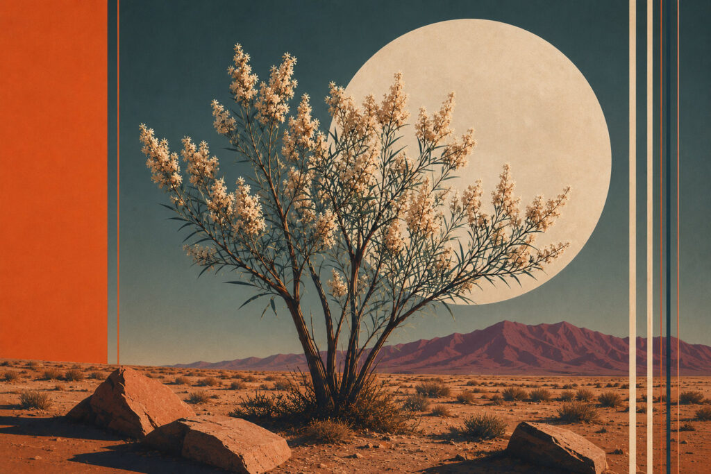 A blooming desert willow in the high desert beneath a huge rising moon and purple mountains