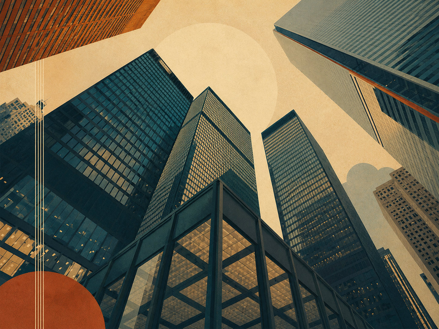 Looking up at mid-century modernist glass towers against a warm sky, with terracotta accents