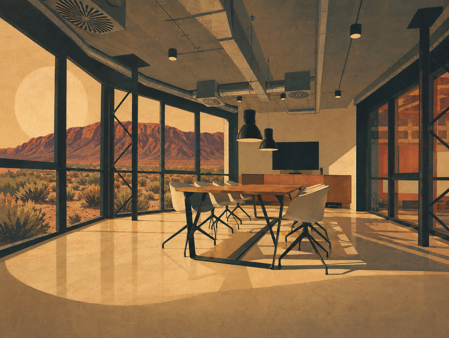A modern glass-walled workspace looking out across the high desert to the Sandia Mountains